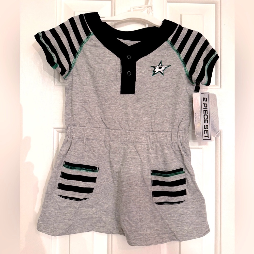 New NHL Dallas Stars Ice Hockey toddler dress with bloomers, gray, blue & green